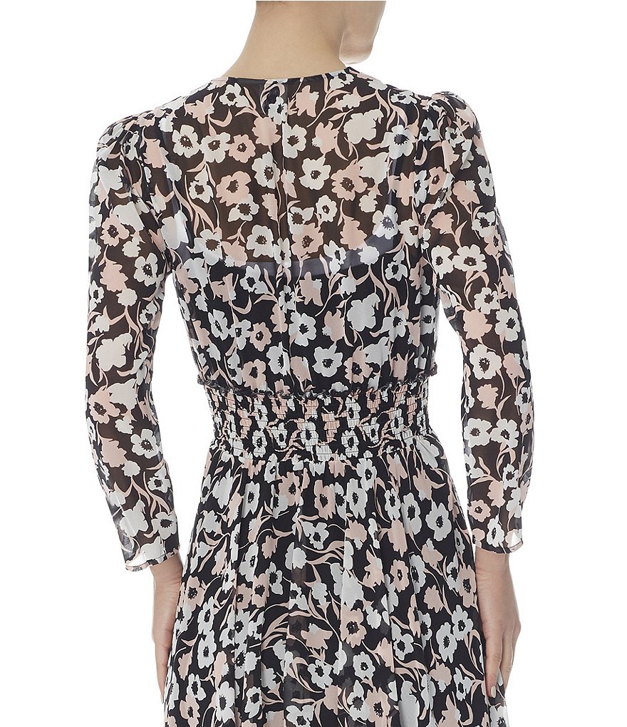 Anne Klein V-Neck 3/4 Sleeve Floral Handkerchief Hem Midi Dress