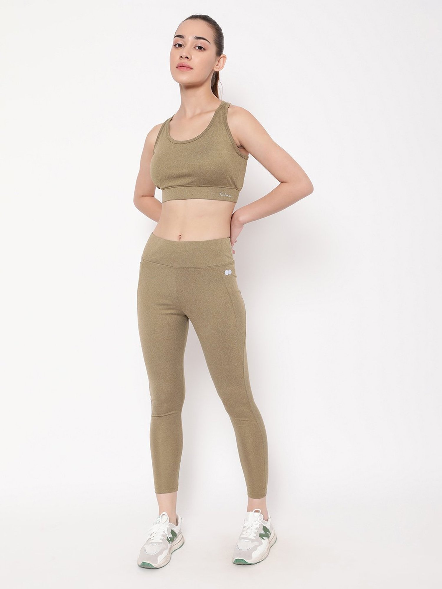 Clovia Dusty Olive Green Padded Sports Bra Tights Set