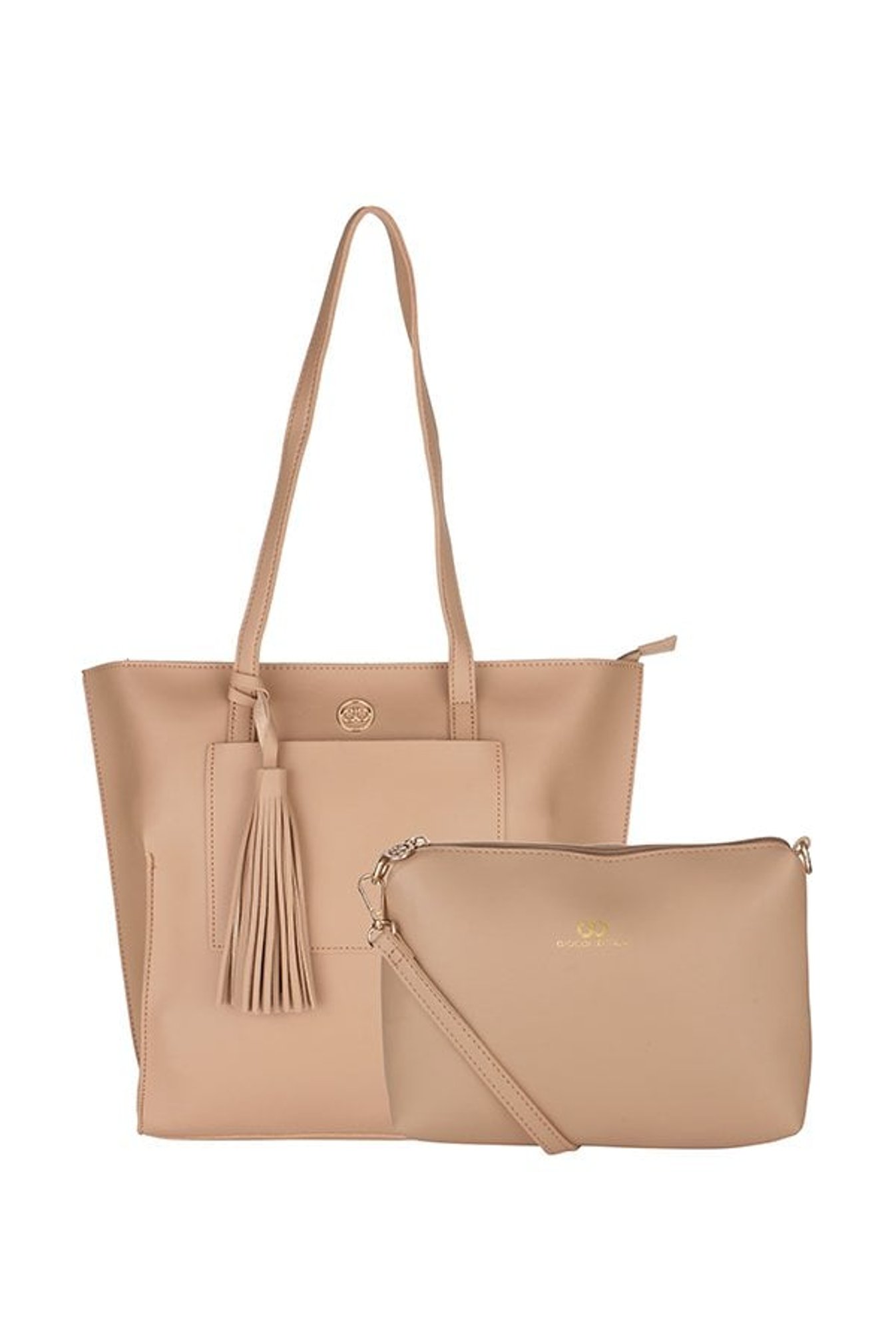 Gio Collection Beige Solid Tote with Pouch