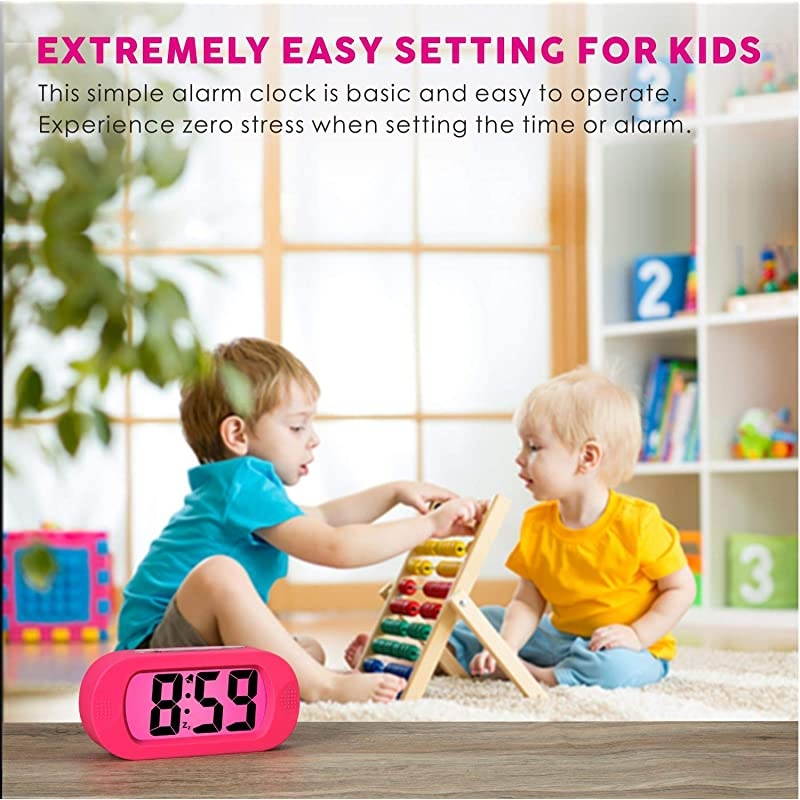 Kids Alarm Clock  Large Digital LCD Travel Alarm Clocks with Snooze and Night Light Ascending Sound and Handheld Sized Best Gift for Kids Pink