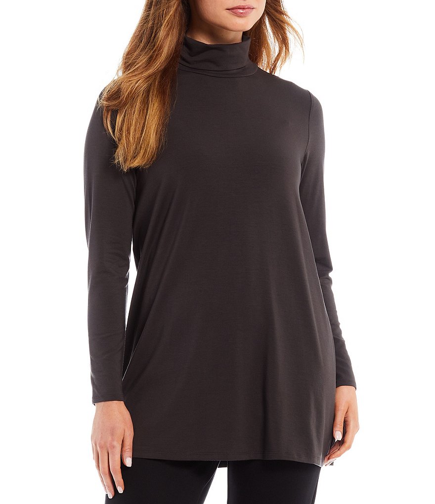 Eileen Fisher Fine Stretch Knit Jersey Scrunch Mock Neck Long Sleeve Tunic