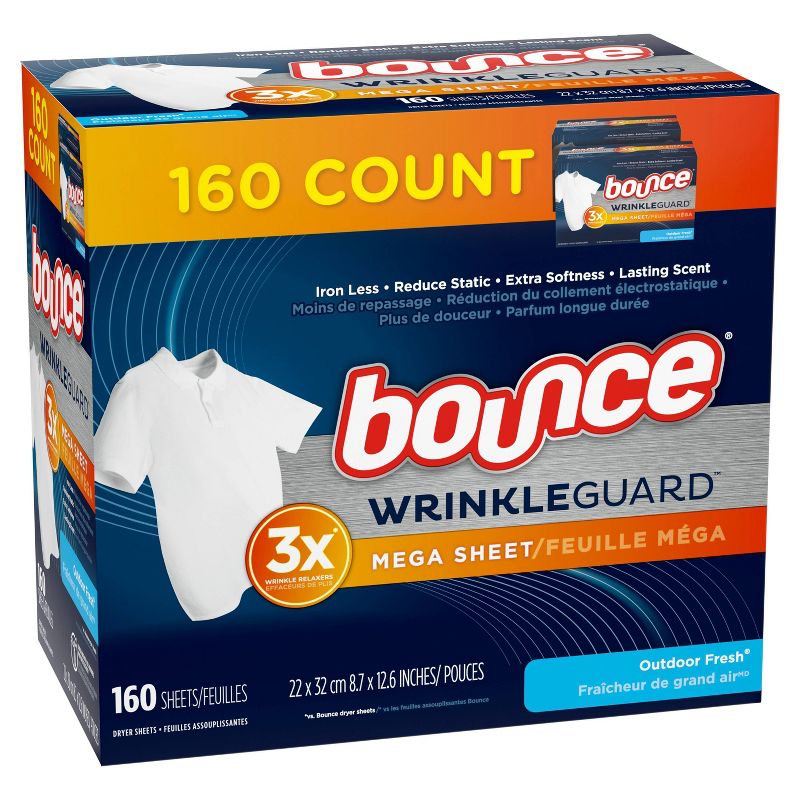Bounce WrinkleGuard Outdoor Fresh Scent Fabric Softener and Wrinkle Releaser Mega Dryer Sheets - 160ct