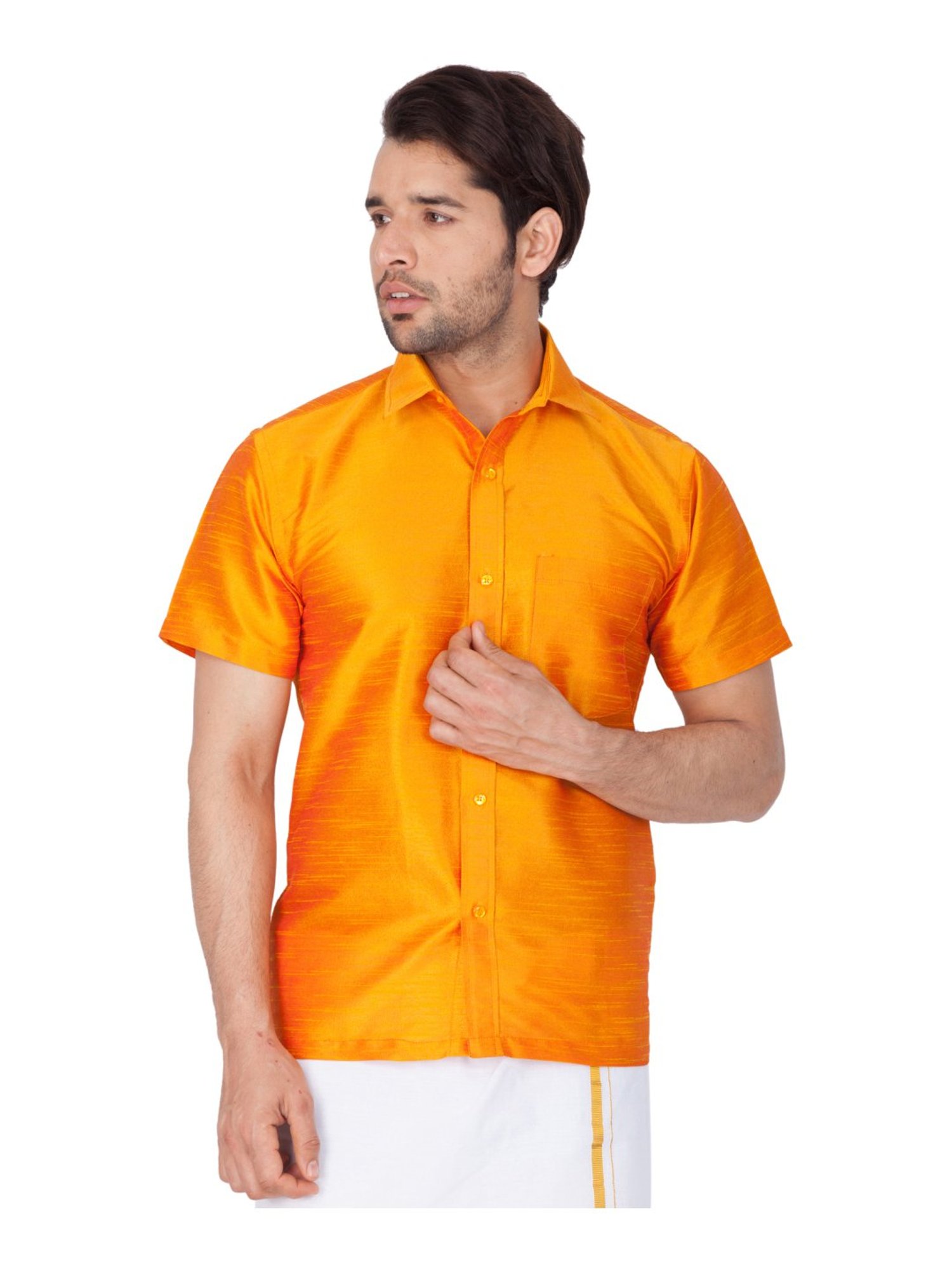 VASTRAMAY Orange Straight Fit Self Pattern Ethnic Shirt