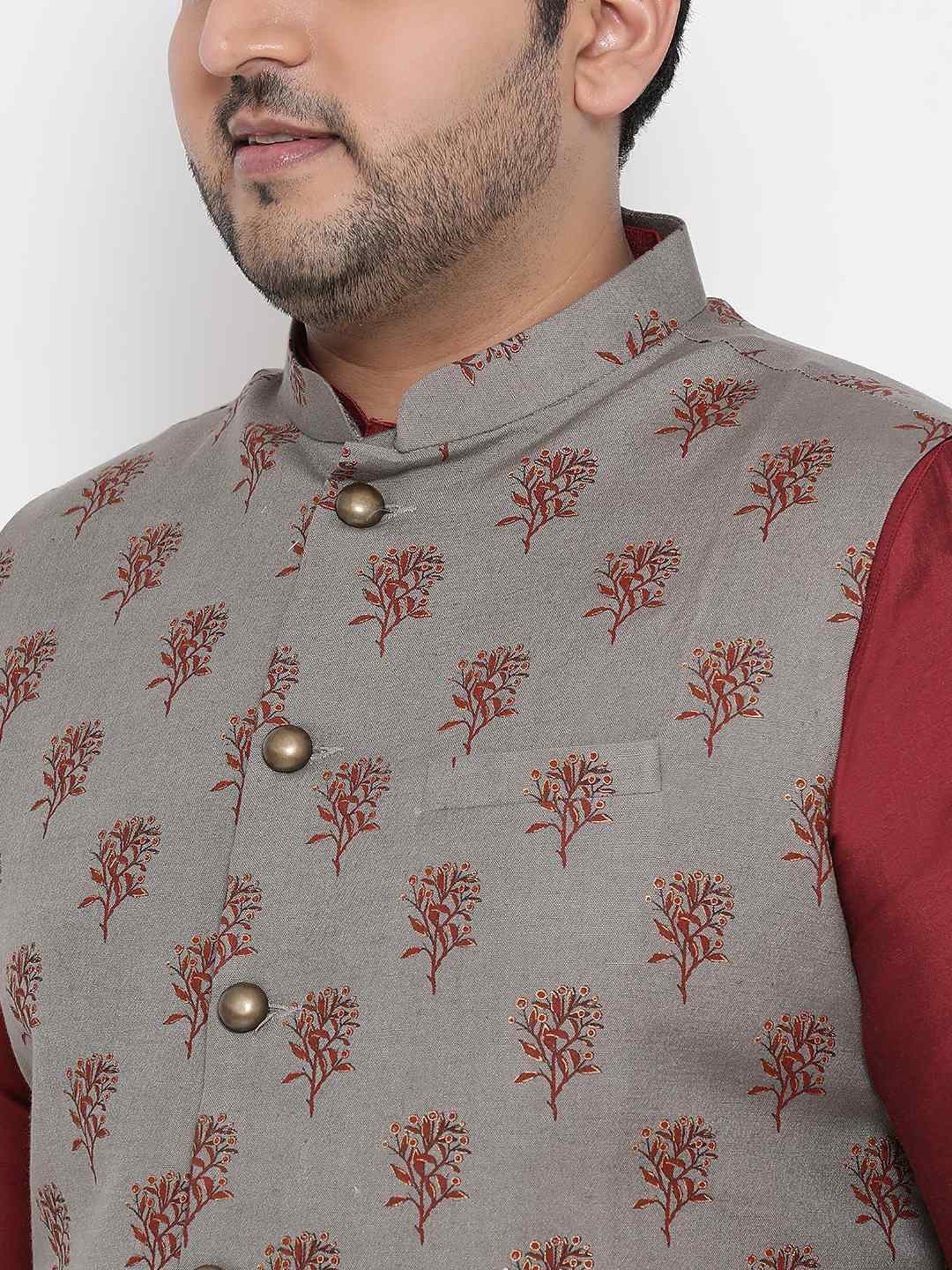 KISAH PLUS Grey & Maroon Regular Fit Printed Kurta Set With Jacket