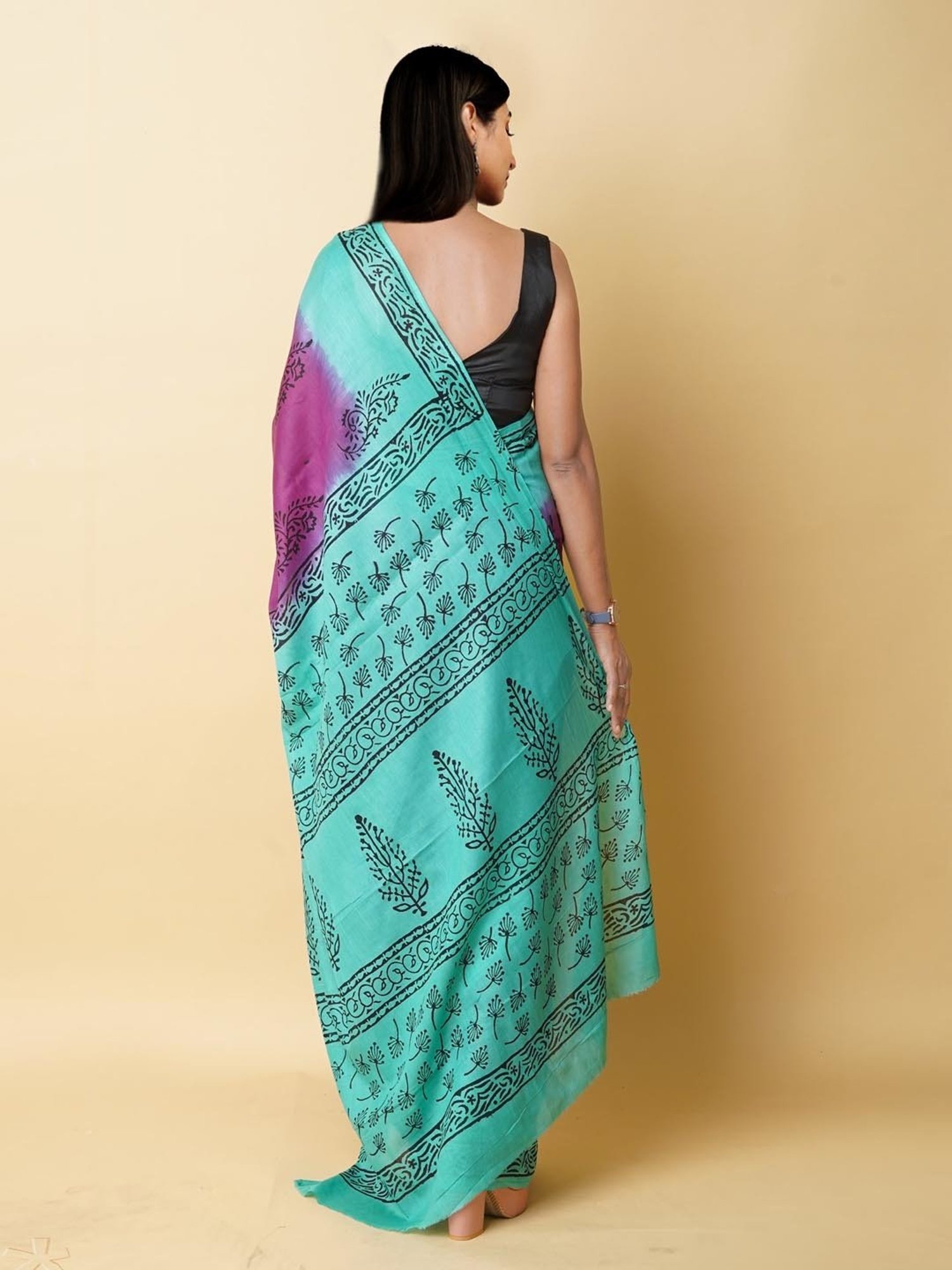 Unnati Silks Purple & Blue Cotton Printed Saree With Unstitched Blouse