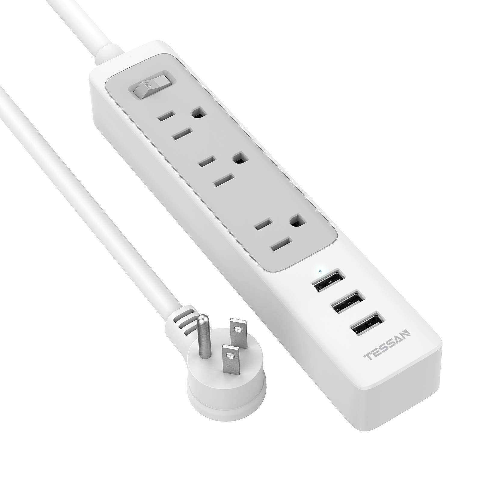 Flat Plug Power Strip with USB, TESSAN Slim Nightstand Desktop Charging Station with 3 USB Charger 3 Electrical Outlet, 5 ft Extension Cord Long Power Strip Mountable for Home, Office Dorm Essentials