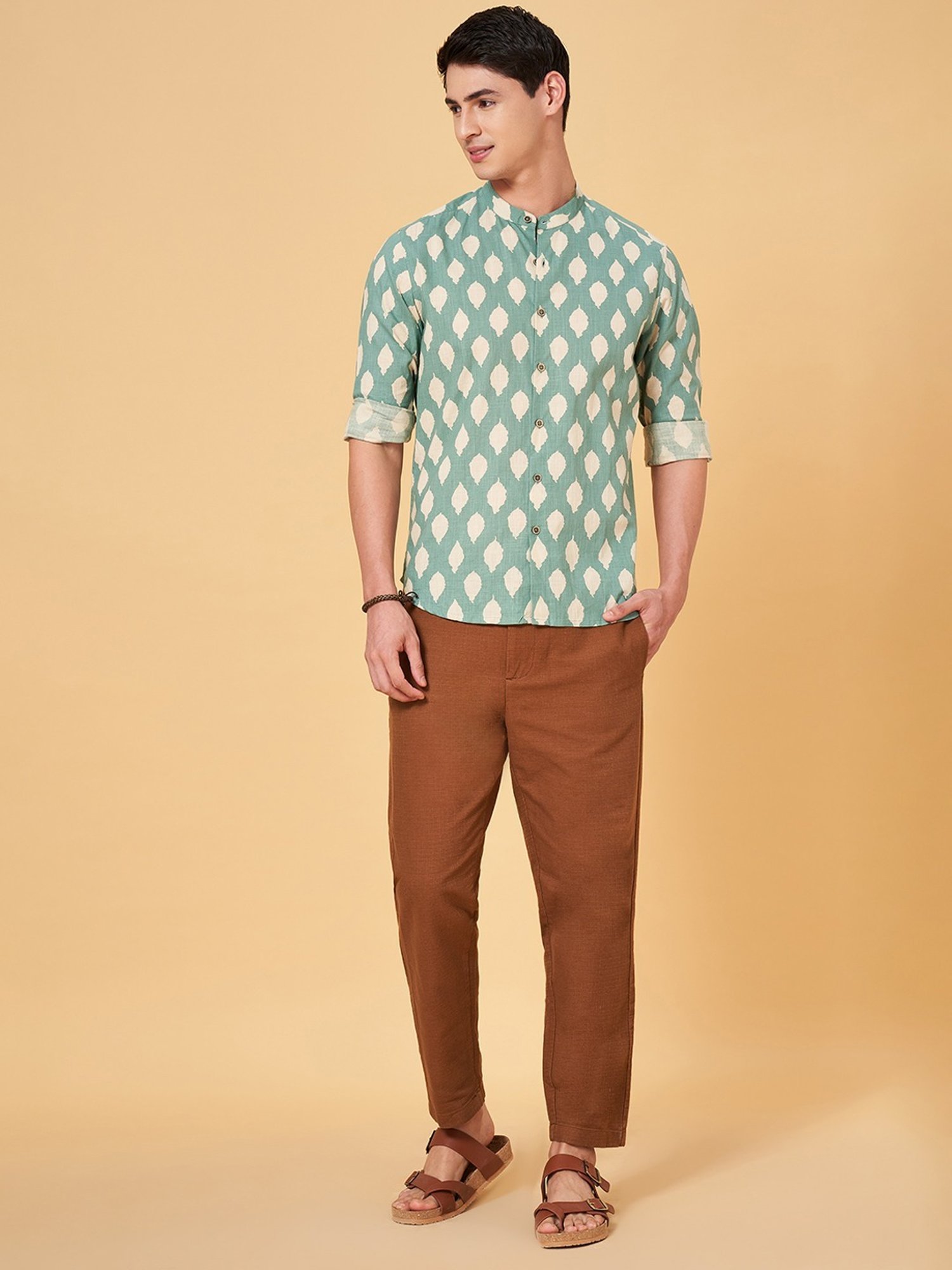 Indus Route By Pantaloons Agate Green Regular Fit Printed Shirt