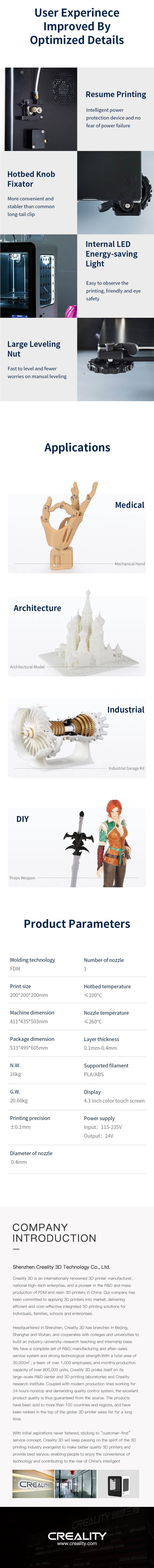 Original Creality CR-200B Desktop 3D Printer Ultra-Quiet Mainboard 200x200x200mm Print Size Support Filament Detection Resume Printing with 4.3 Inch Color Touchscreen 8G SD Card PLA Sample Fialment