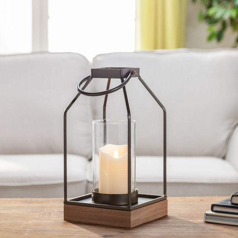 Everlasting Glow 13-Inch Tall Contemporary Bronze-Brown Metal Lantern with Wood Base and Glass Tube (Set of 2)