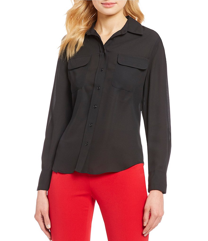 Investments Olivia Machine Washable Point Collar Neck Long Sleeve Button-Front Roll-Tab Utility Blouse