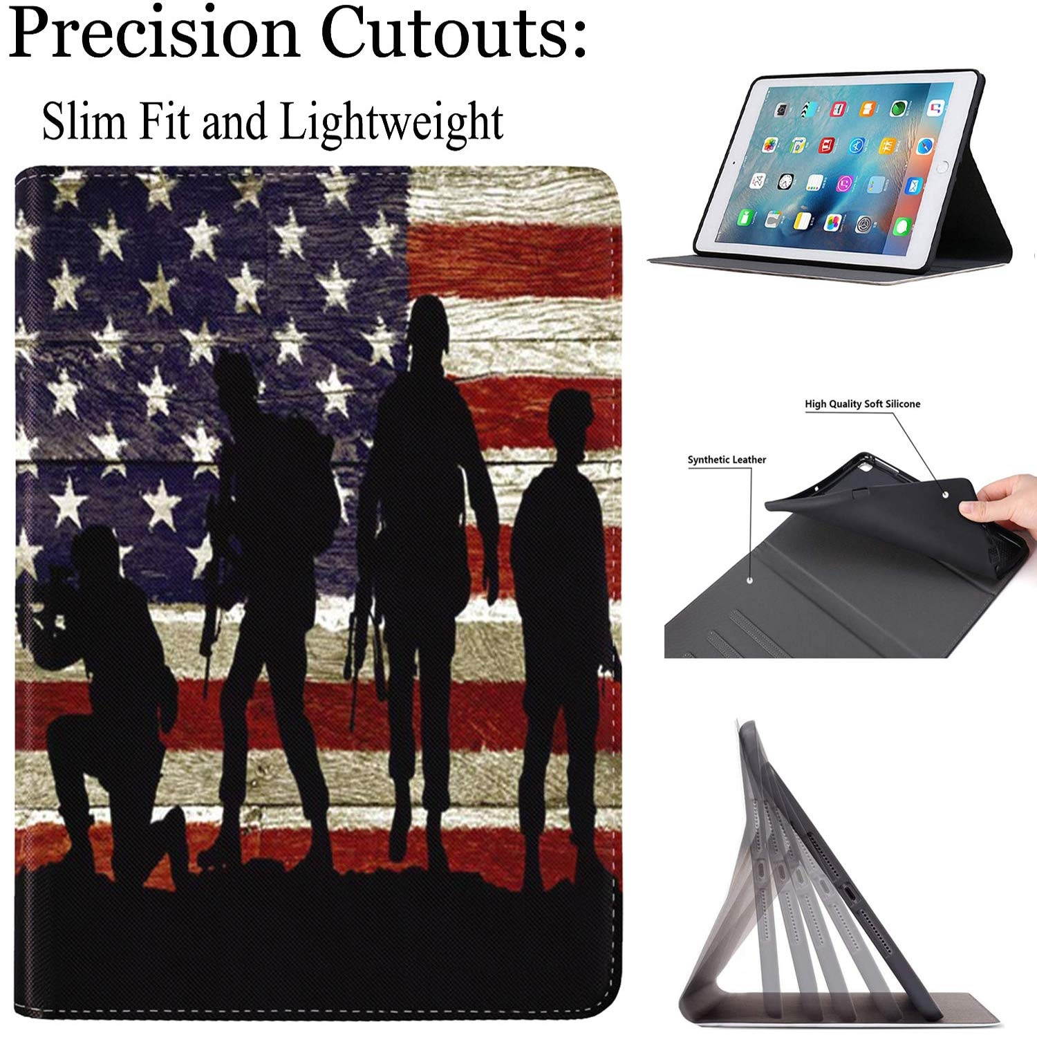 iPad 9.7 inch 2018/2017 Case,Pro 9.7 Case,iPad Air 2 Case,iPad Air Case,Slim Soft Rubber Back Shockproof Protective Case with Auto Wake/Sleep for iPad 5th/6th Gen, American Flag Patriotic Soldier
