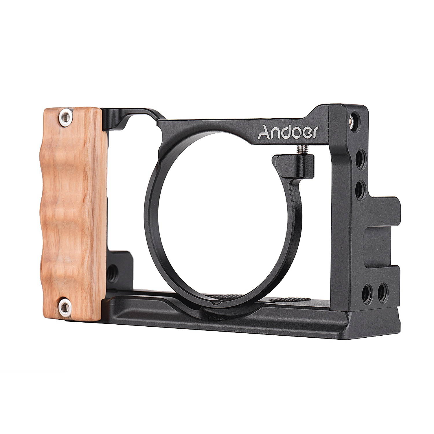Andoer Metal Aluminum Camera Cage Compatible with Sony RX100 VI/VII with Cold Shoe Mount 1/4 Screw Wooden Handgrip Vlogging Shooting Accessories