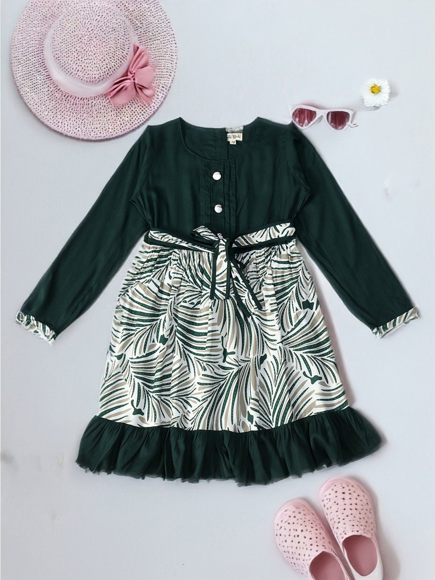 Bella Moda Kids Dark Green Printed Full Sleeves Fit & Flare Dress