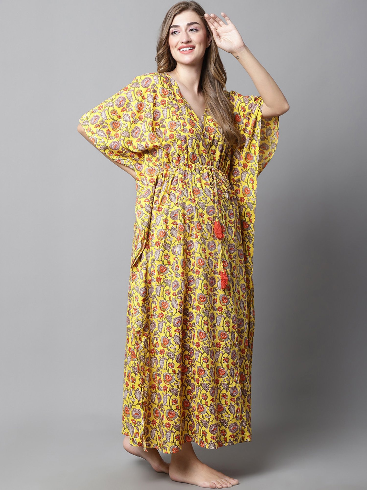 Secret Wish Yellow Floral Print Maternity Kaftan