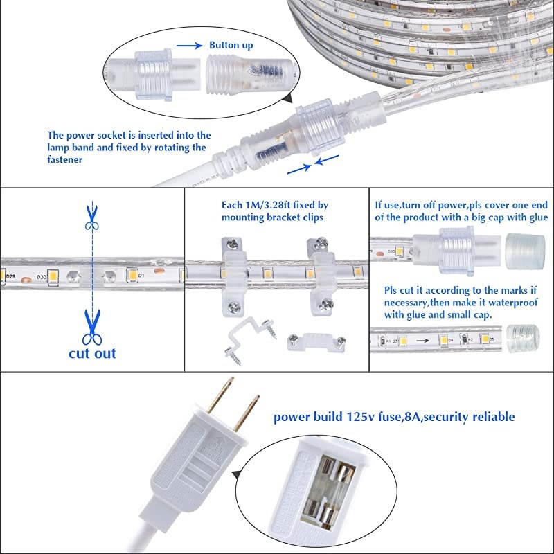 50ft/15m LED Lights Strip kit,Waterproof, 3000K Warm White,110V 2 Wire, Flexible, 900 Units SMD 2835 LEDs,UL Listed Power Supply,Indoor/Outdoor Use, Ideal for Backyards, Decorative Lighting