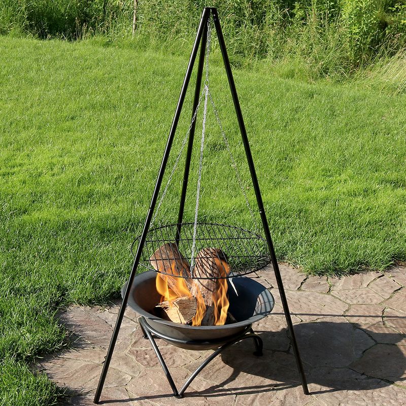 Sunnydaze Outdoor Camping or Backyard Steel Tripod Fire Pit Cooking Grilling BBQ Grate - 22" - Black