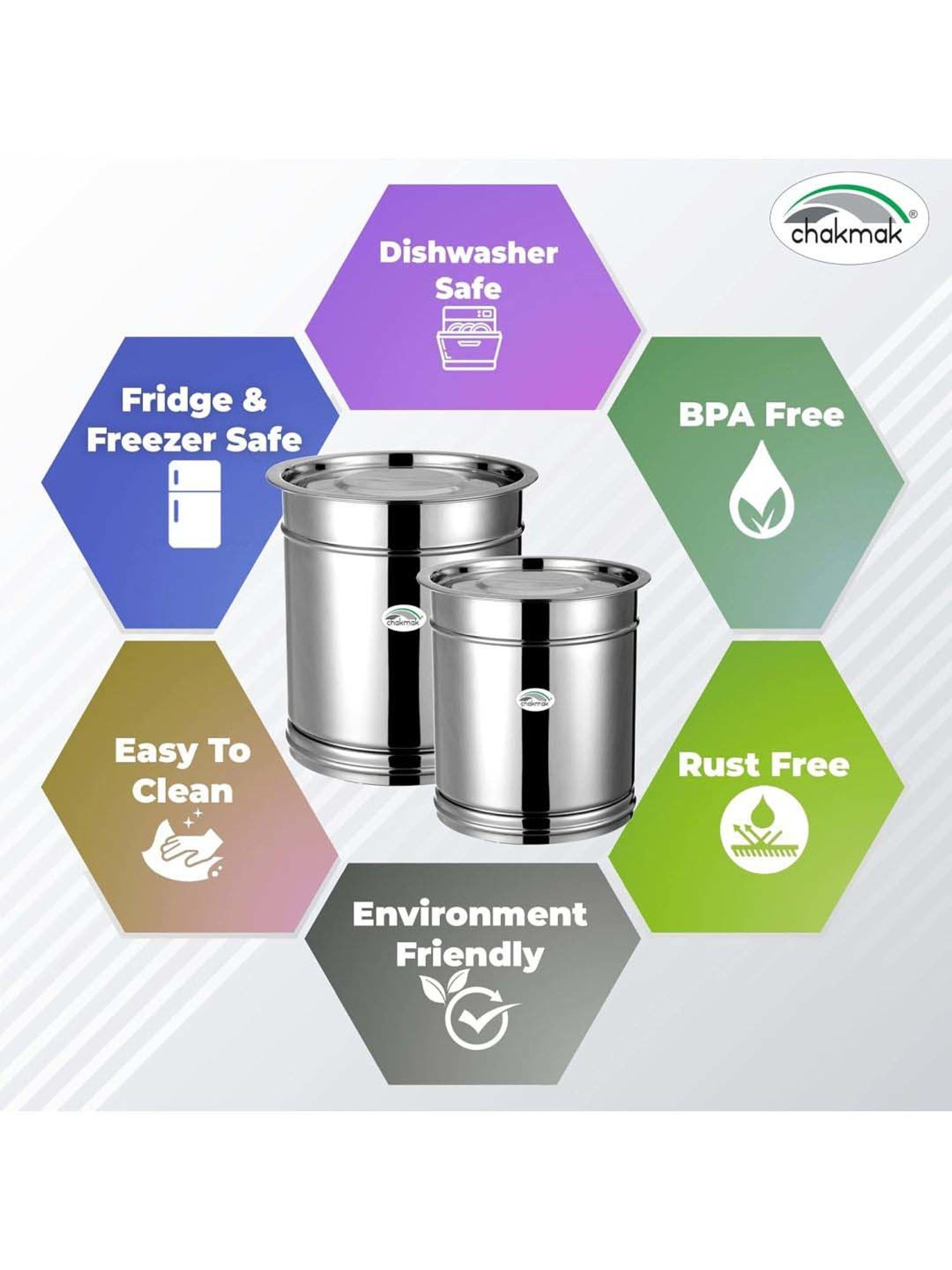 Chakmak Silver Stainless Steel Pawali Plain With Lid - Set of 2