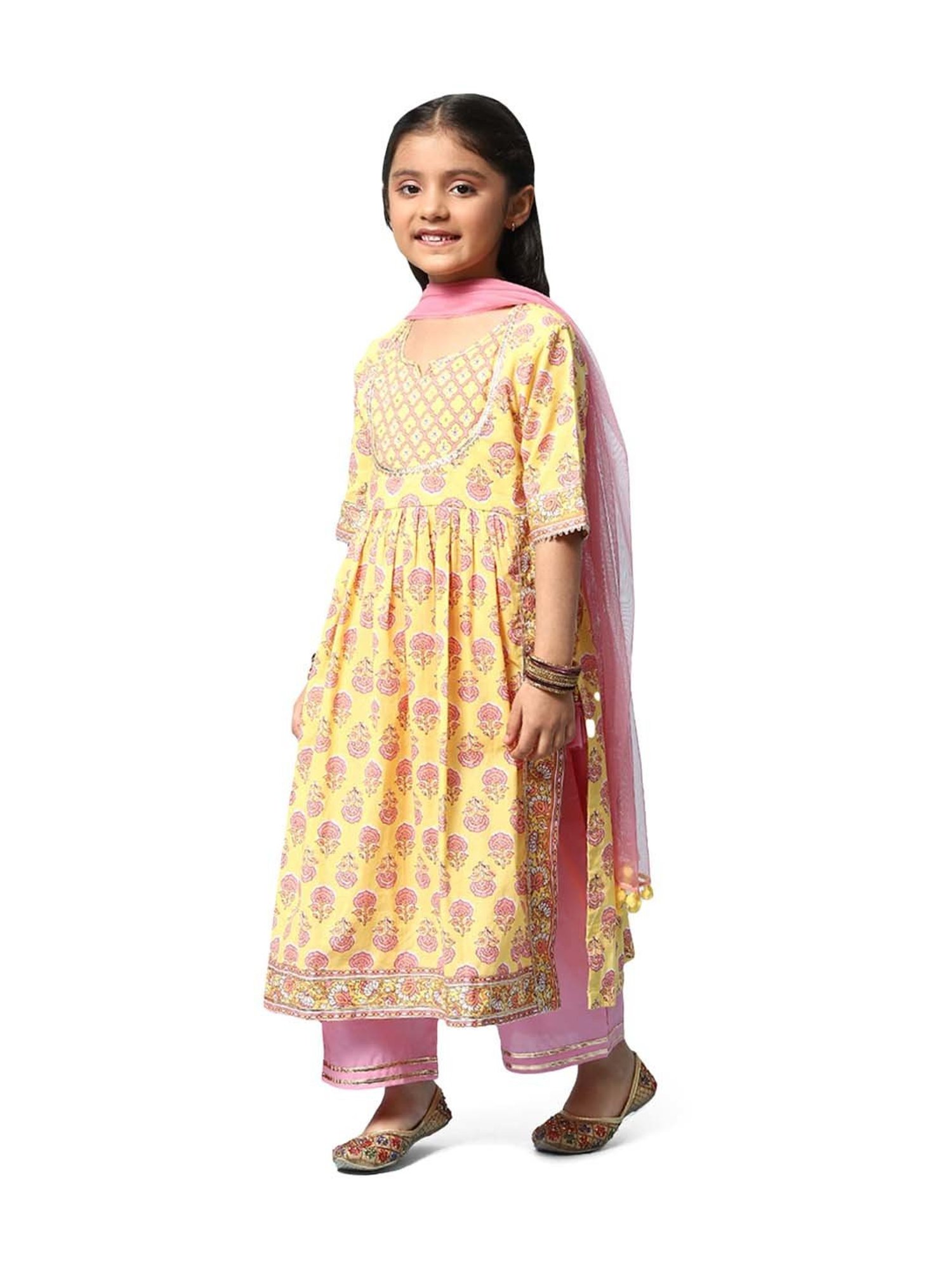 BIBA Girls Yellow & Pink Printed Kurta Set