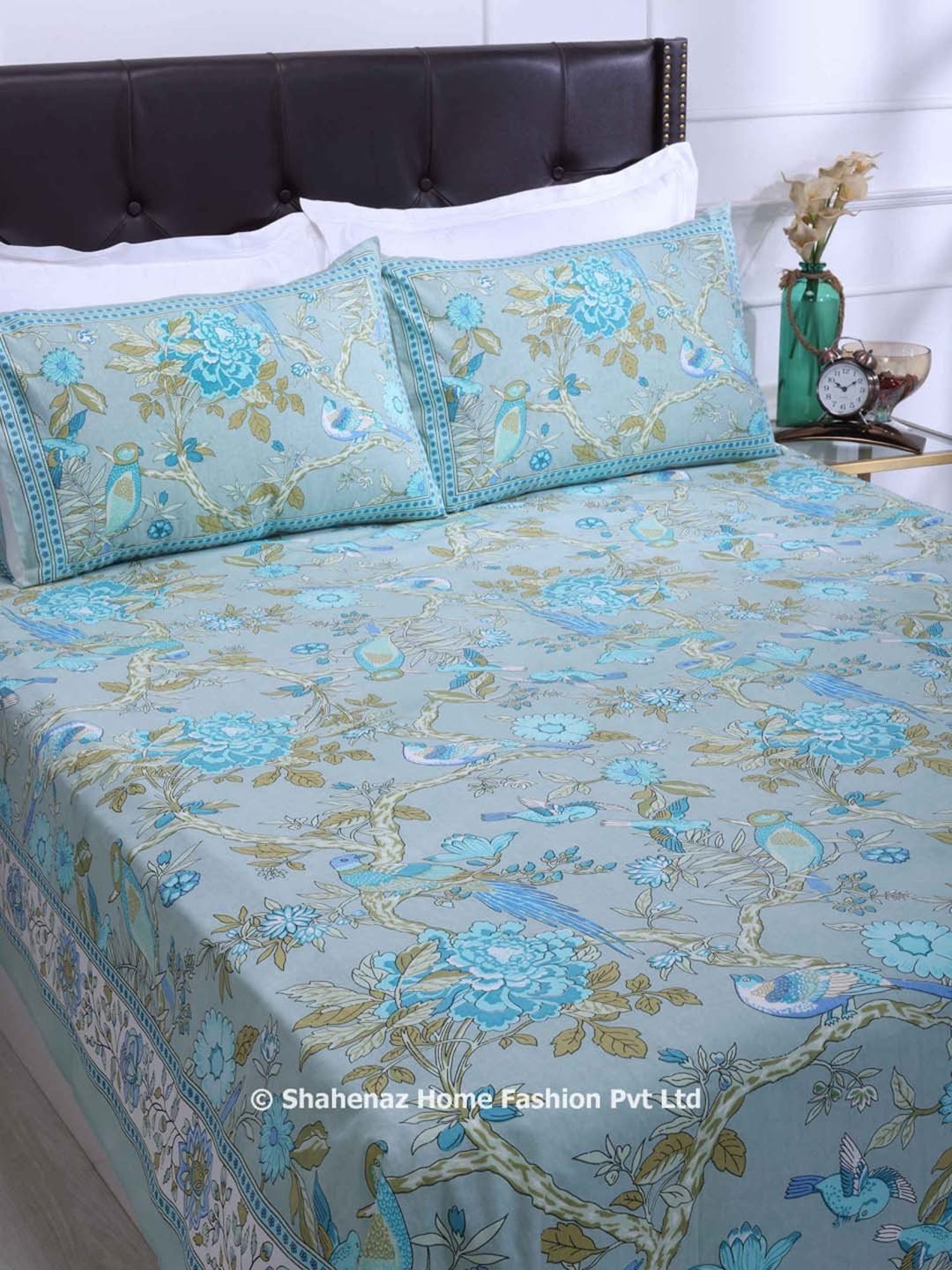 Shahenaz Blue 120 TC Cotton Rama Double Bedsheet with 2 Pillow Covers