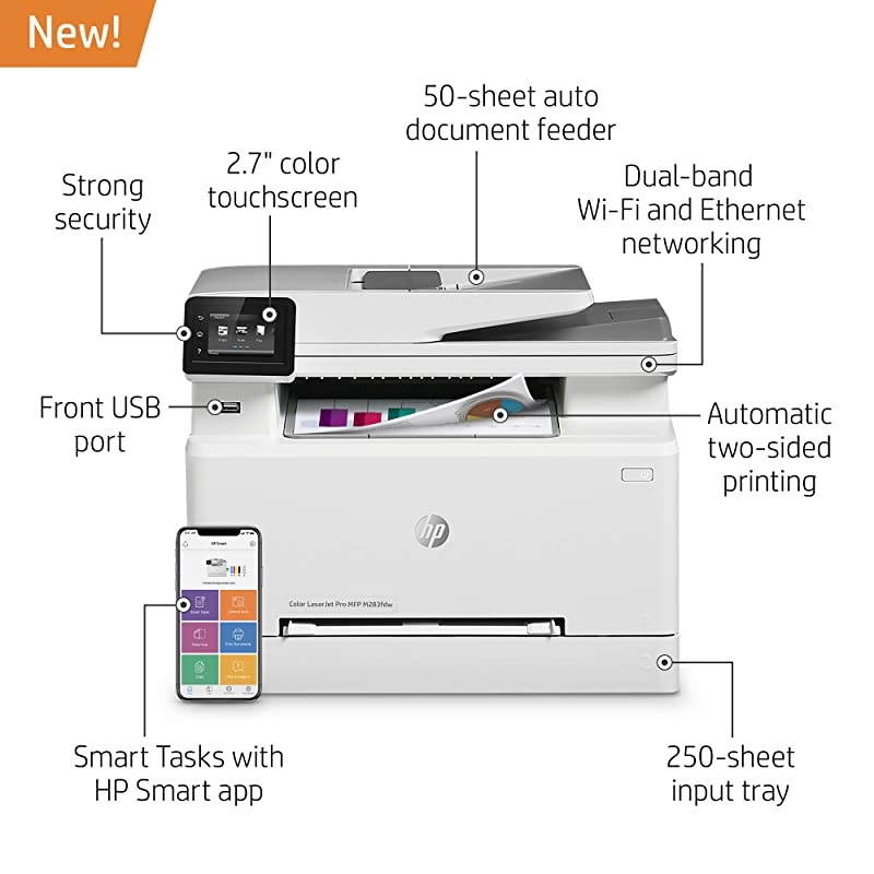 Color LaserJet Pro M283fdw Wireless All-in-One Laser Printer, Remote Mobile Print, Scan & Copy, Duplex Printing, Works with Alexa (7KW75A)