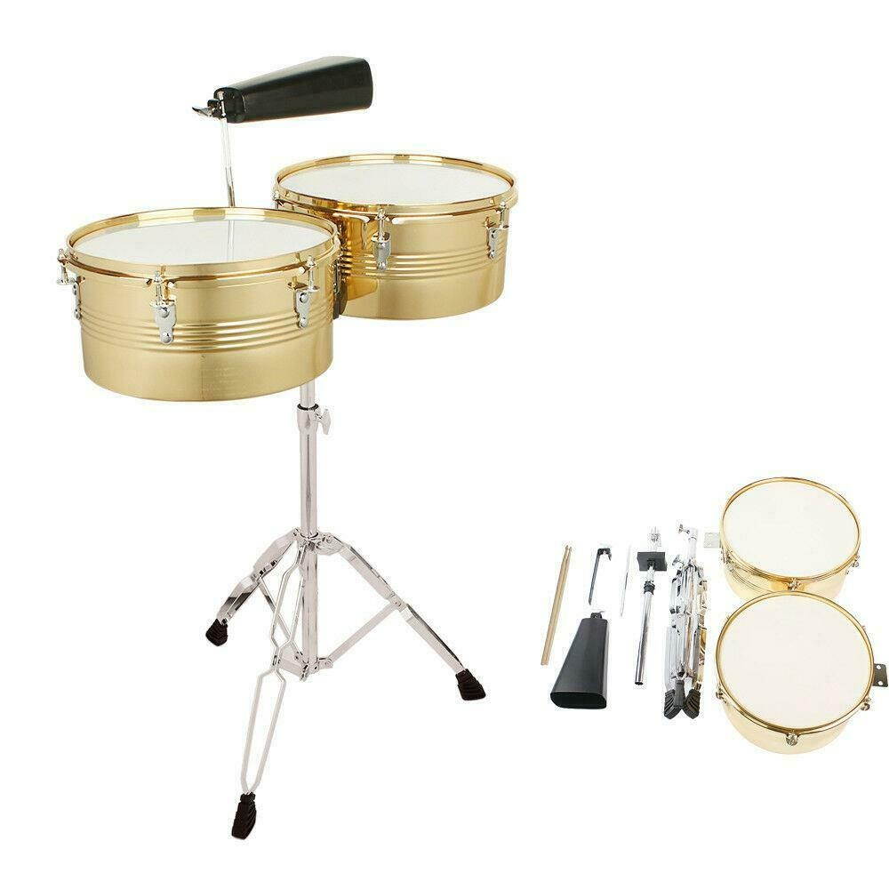 Percussion 13"  14" Timbales Drum Sets Cowbell Holder Stand Drum Sticks Golden
