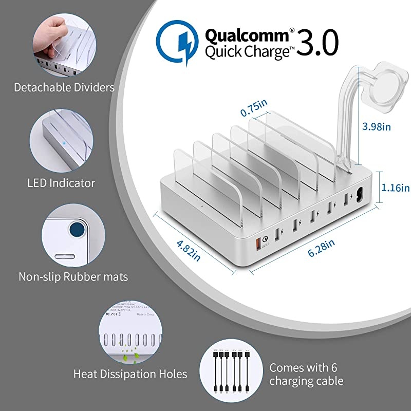 Fastest Charging Station with Quick Charge 3.0,  6 Ports Charging Dock Station Organizer for Multiple Devices, iWatch Stand, 6 Phone Charger Cables, for Smartphone, Tablet, Kindle [UL Listed]