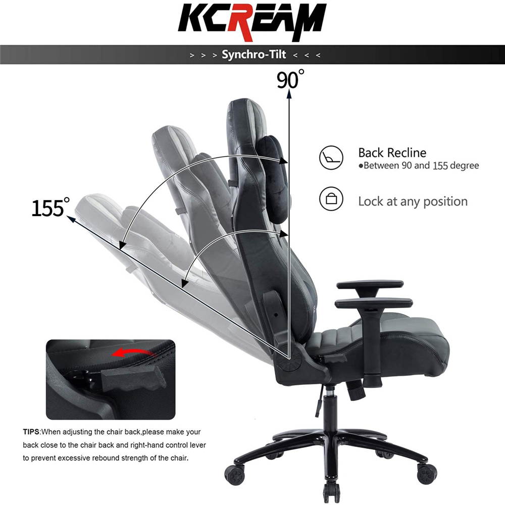 KCREAM PU Big and Tall Ergonomic Gaming Chair, Adjustable High Back Swivel Computer Chair Headrest Lumbar Support 400lbs Reclining Office Desk Chair for Adlut
