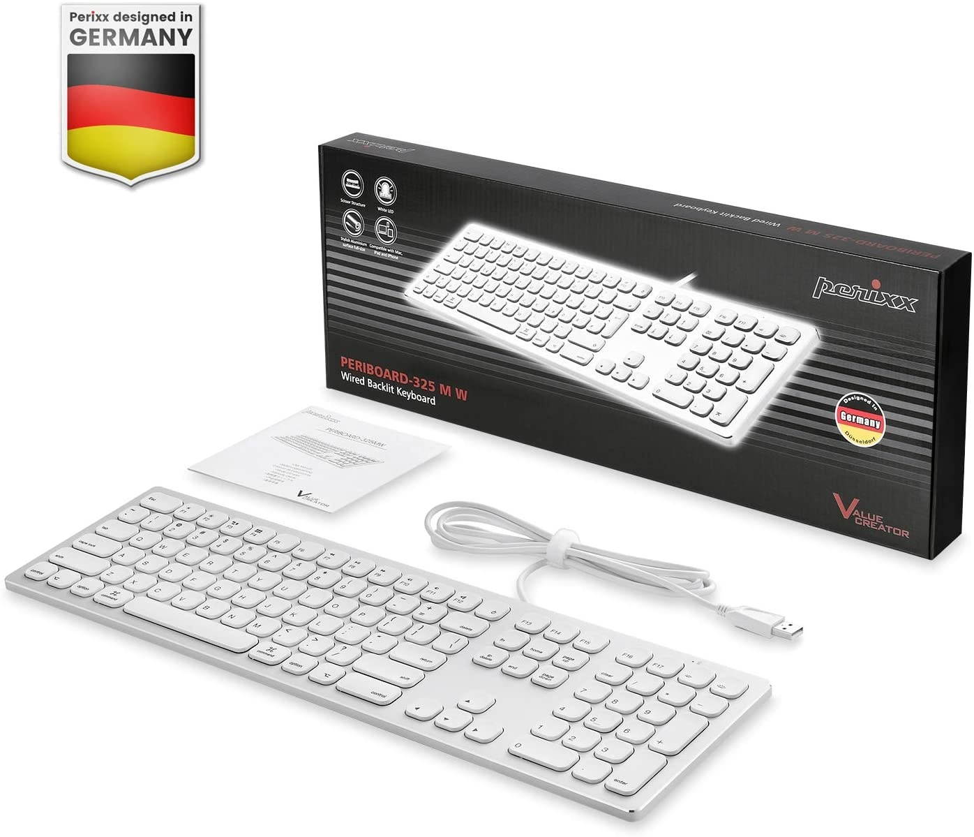 Perixx PERIBOARD-325 Wired Backlit Aluminum USB Keyboard, Compatible with Mac OS X, X Type Scissor Keys Slim Design with 2 Built-in USB Hubs, US English Layout