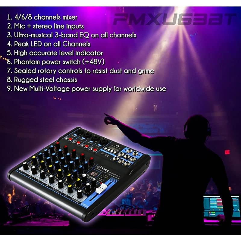 Professional Audio Mixer Sound Board Console Desk System Interface with 6 Channel USB Bluetooth Digital MP3 Computer Input 48V Phantom Power Stereo DJ Streaming FX16 Bit DSP PMXU63BT