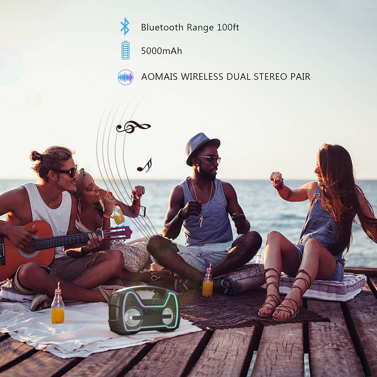 AOMAIS 25W Bluetooth Speakers with HD Stereo Sound & Deep Bass, Portable Outdoor Wireless Stereo Pairing Speaker, IPX7 Waterproof, Built-in Mic, 100ft Bluetooth Range for Party, Camping, Travel-Black