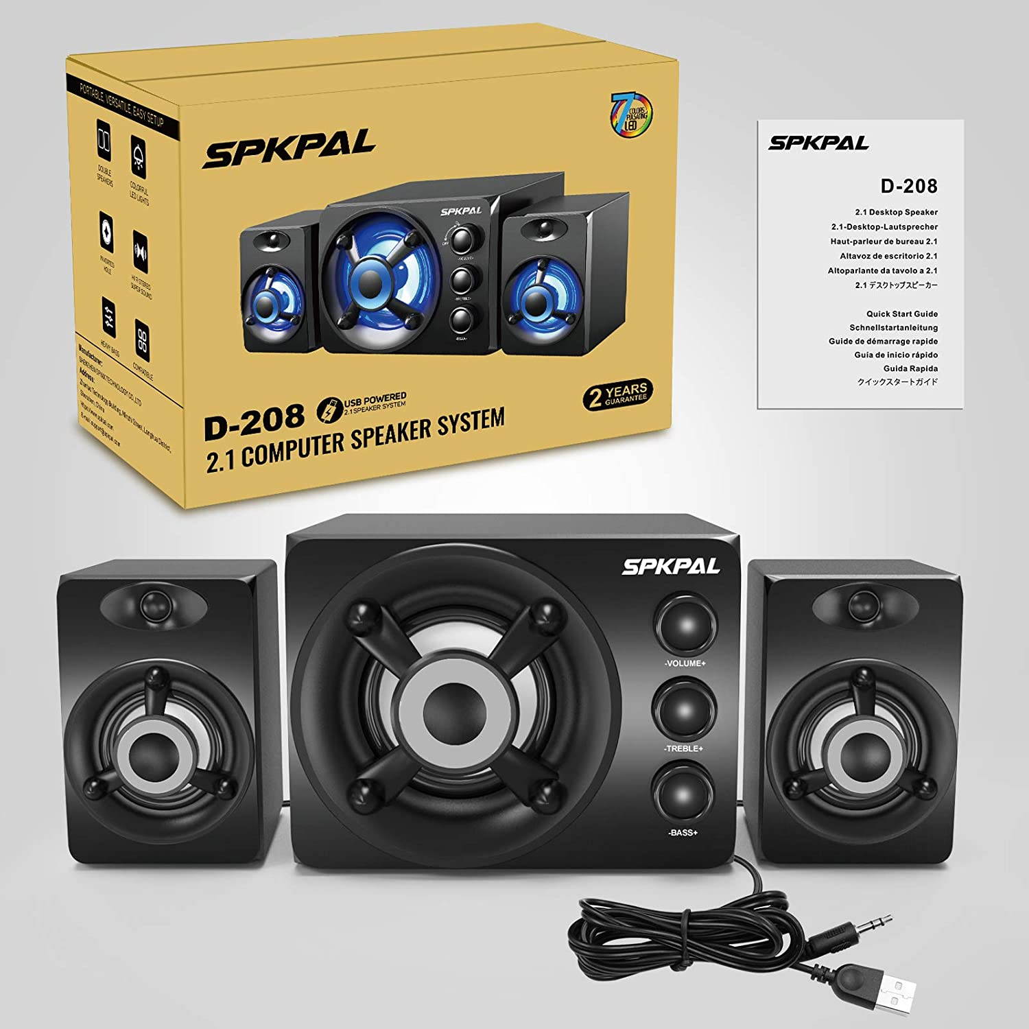 Computer Speaker with Subwoofer USB-Powered 2.1 Multimedia Speakers System,3.5mm Aux Input with LED Atmosphere Light Stereo Wired Desktop Speaker for Gaming PC,Laptops,Tablets