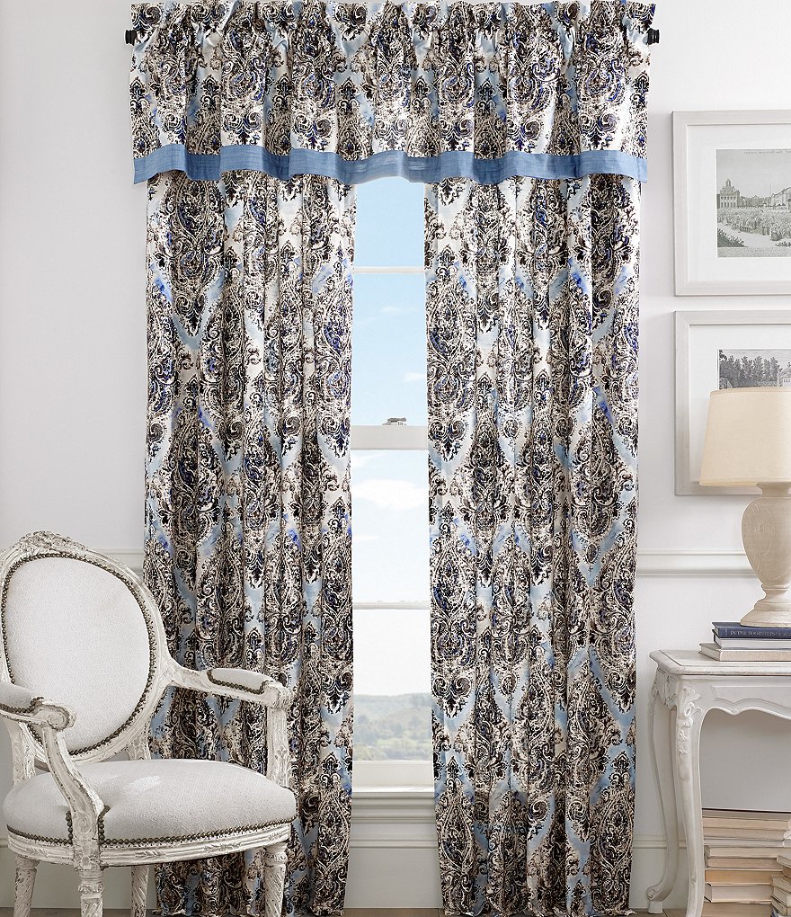 Piper & Wright Santorini Chambray-Trimmed Distressed Damask Window Treatments