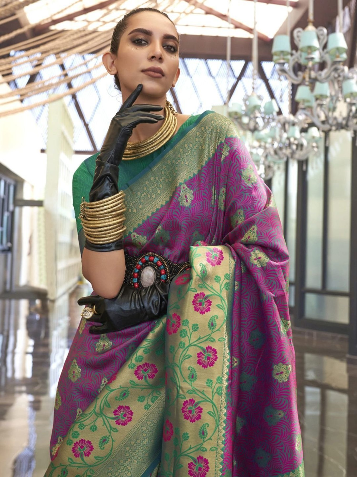 Elora Purple Silk Printed Saree With Unstitched Blouse