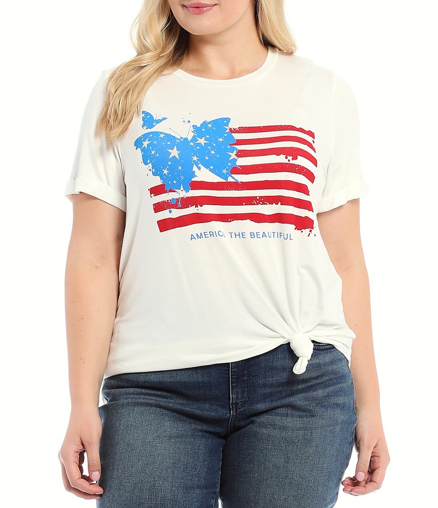 Moa Moa Plus Size America The Beautiful Knot Hem Crew Neck Short Sleeve Tee