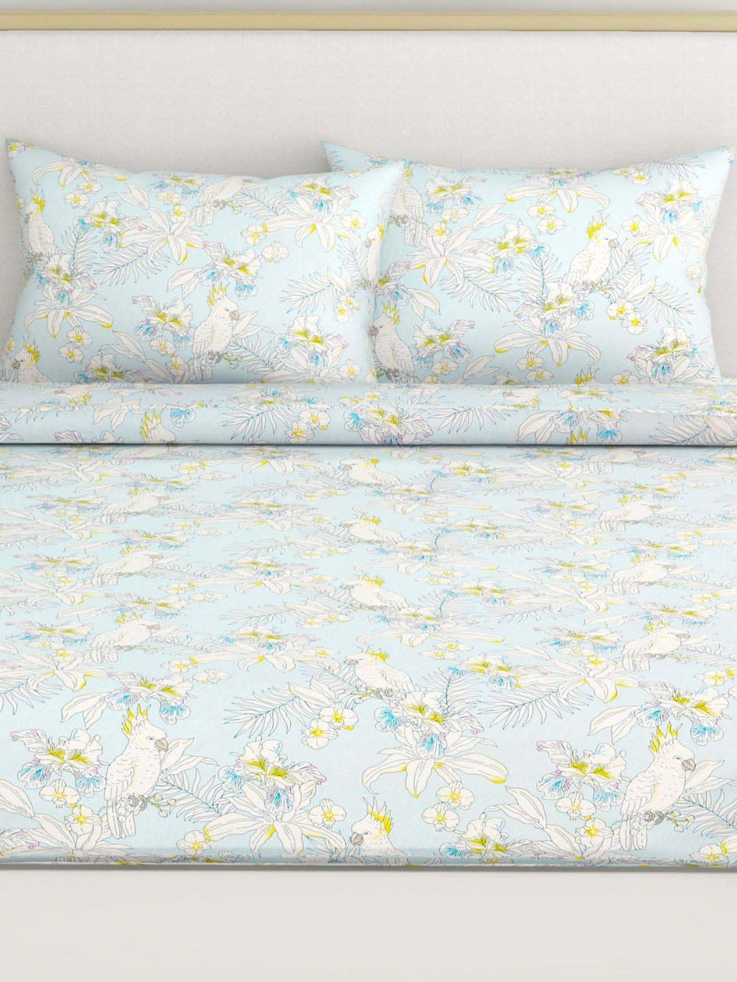 Haus & Kinder blue and Yellow Cotton 144 TC Tropical Bird Printed King Bedsheet with 2 Pillow Covers
