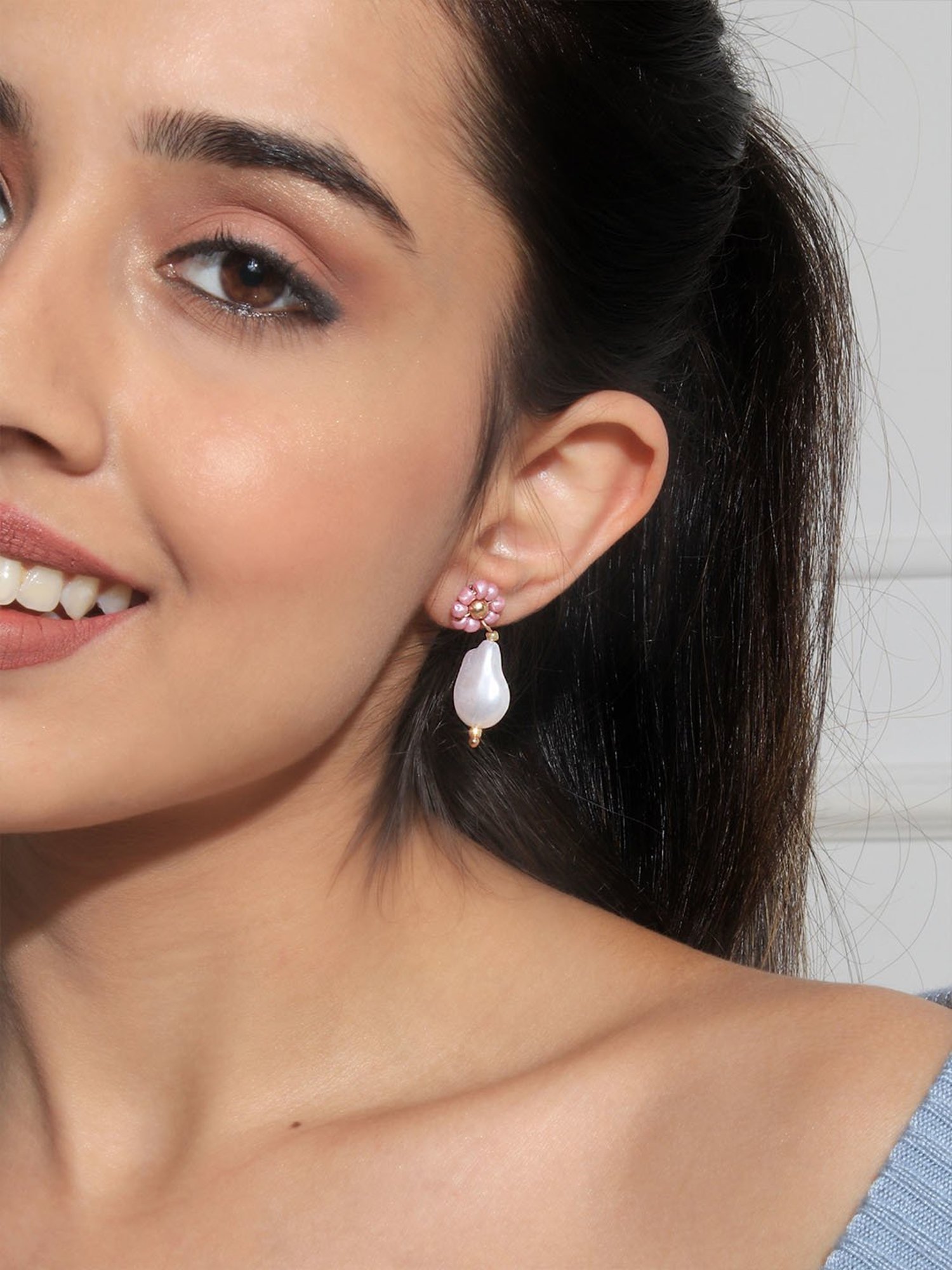 ToniQ Pink White Pearl Beaded Floral Drop Earrings for Women