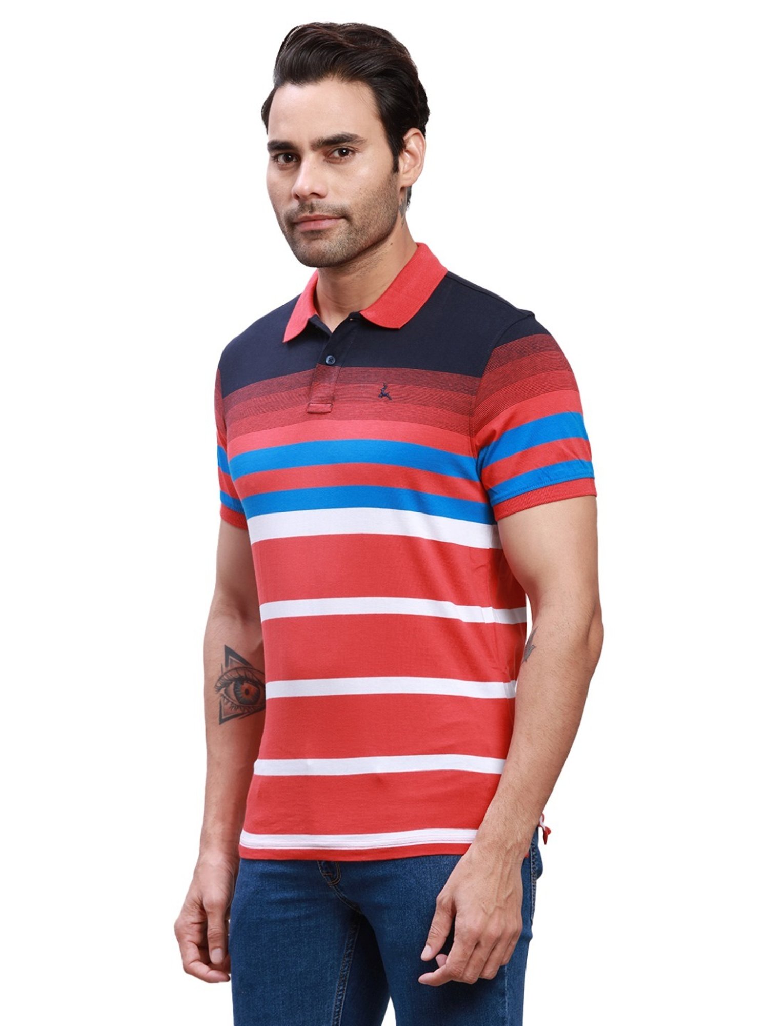 Parx Red Cotton Regular Fit Striped Polo T-Shirt