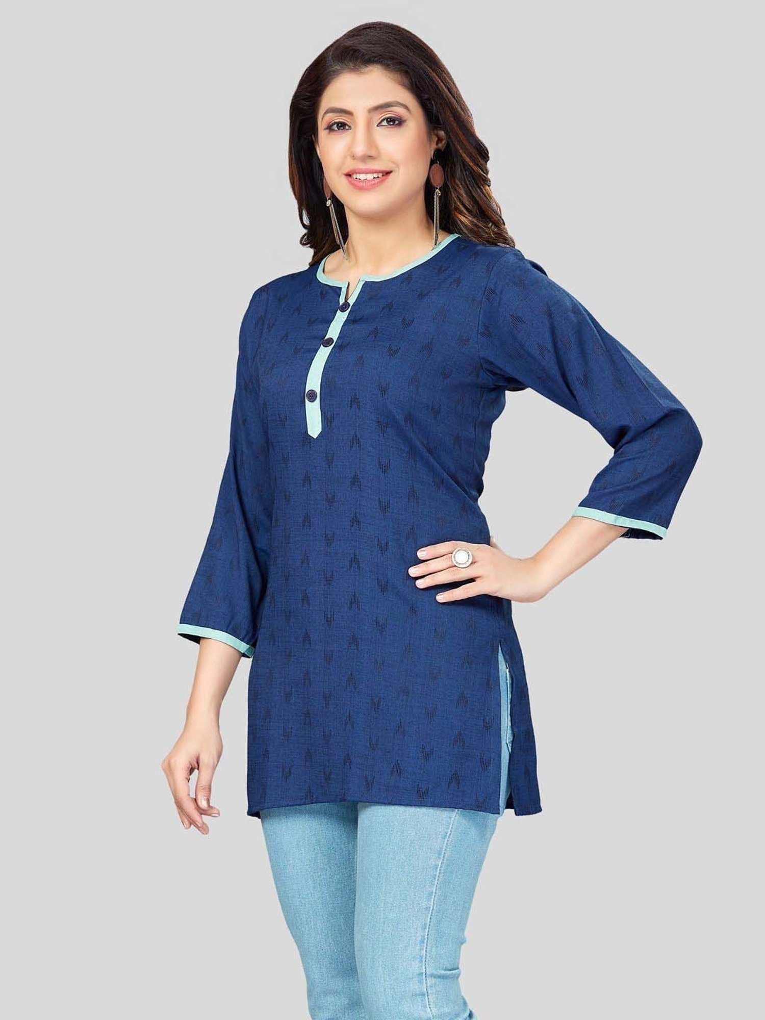 Saree Swarg Blue Woven Pattern Straight Short Kurti