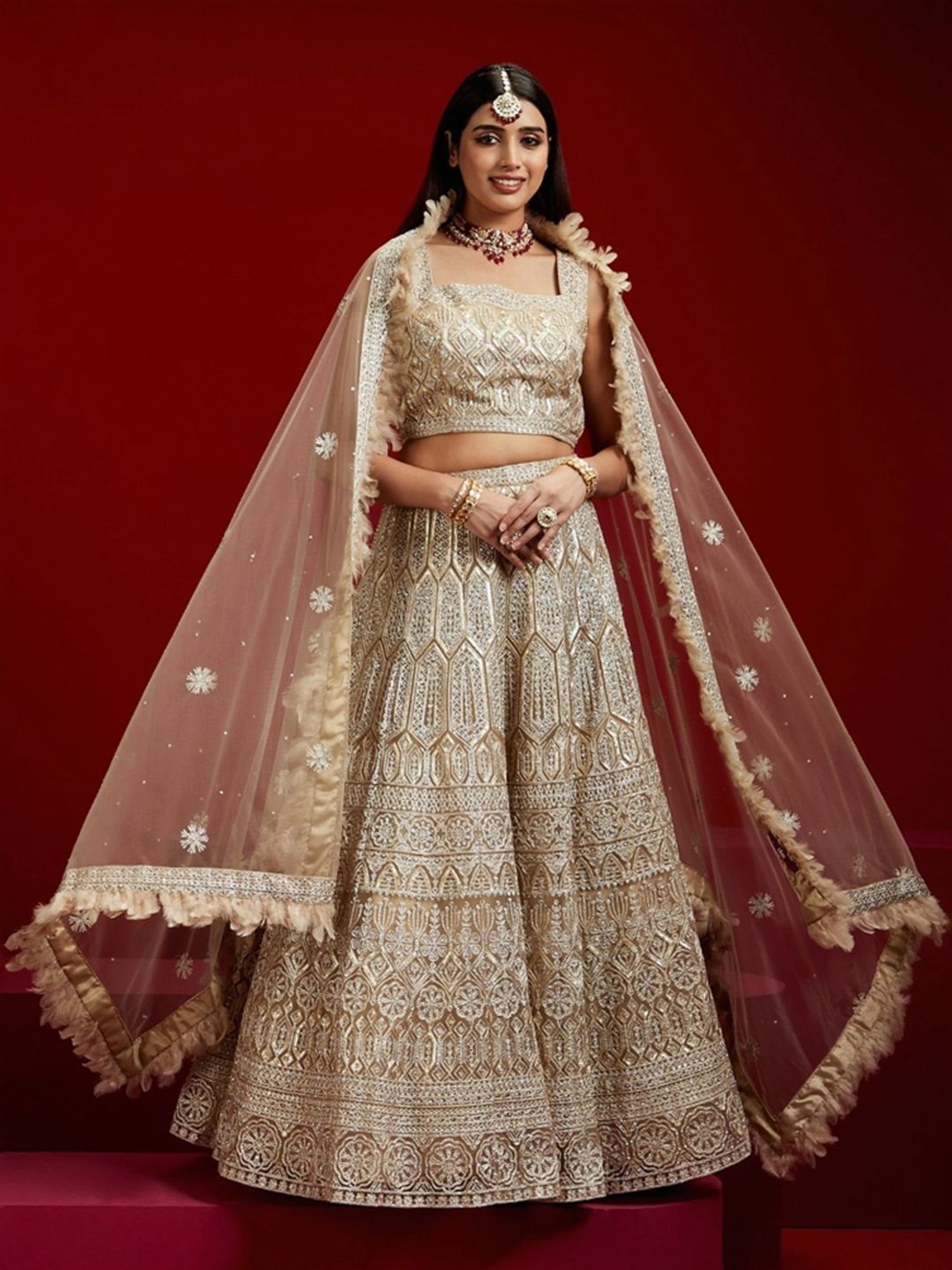 Silk Land Beige & Blue Woven Pattern Semi Stitched Lehenga Choli Set With Duppata