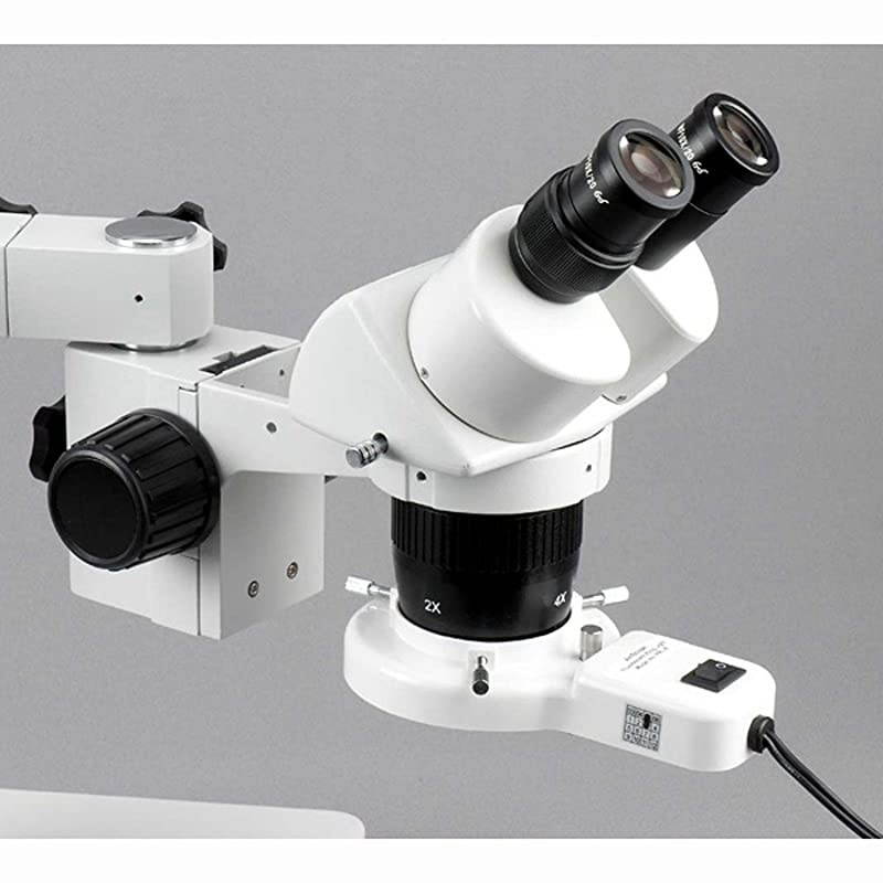 SW-3B24-FRL Binocular Microscope, WH10x Eyepieces, 10X and 40X Magnification, 2X/4X Objective, Single-Arm Boom Stand, 8W Fluorescent Ring Light, 110V-120V