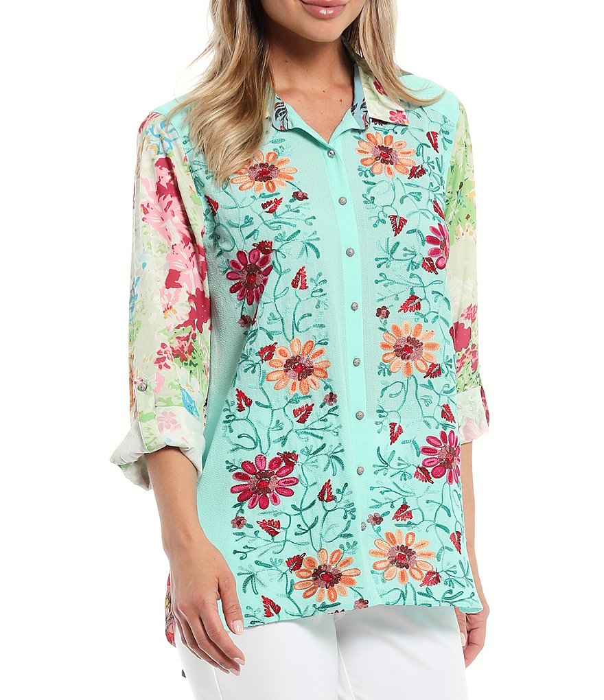 John Mark Mixed Media Floral Embroidered Chiffon Printed Back Tunic