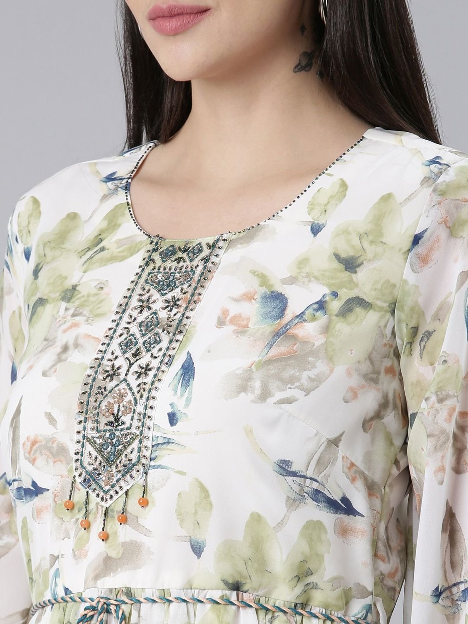 Neerus Green Floral Print A-Line Dress