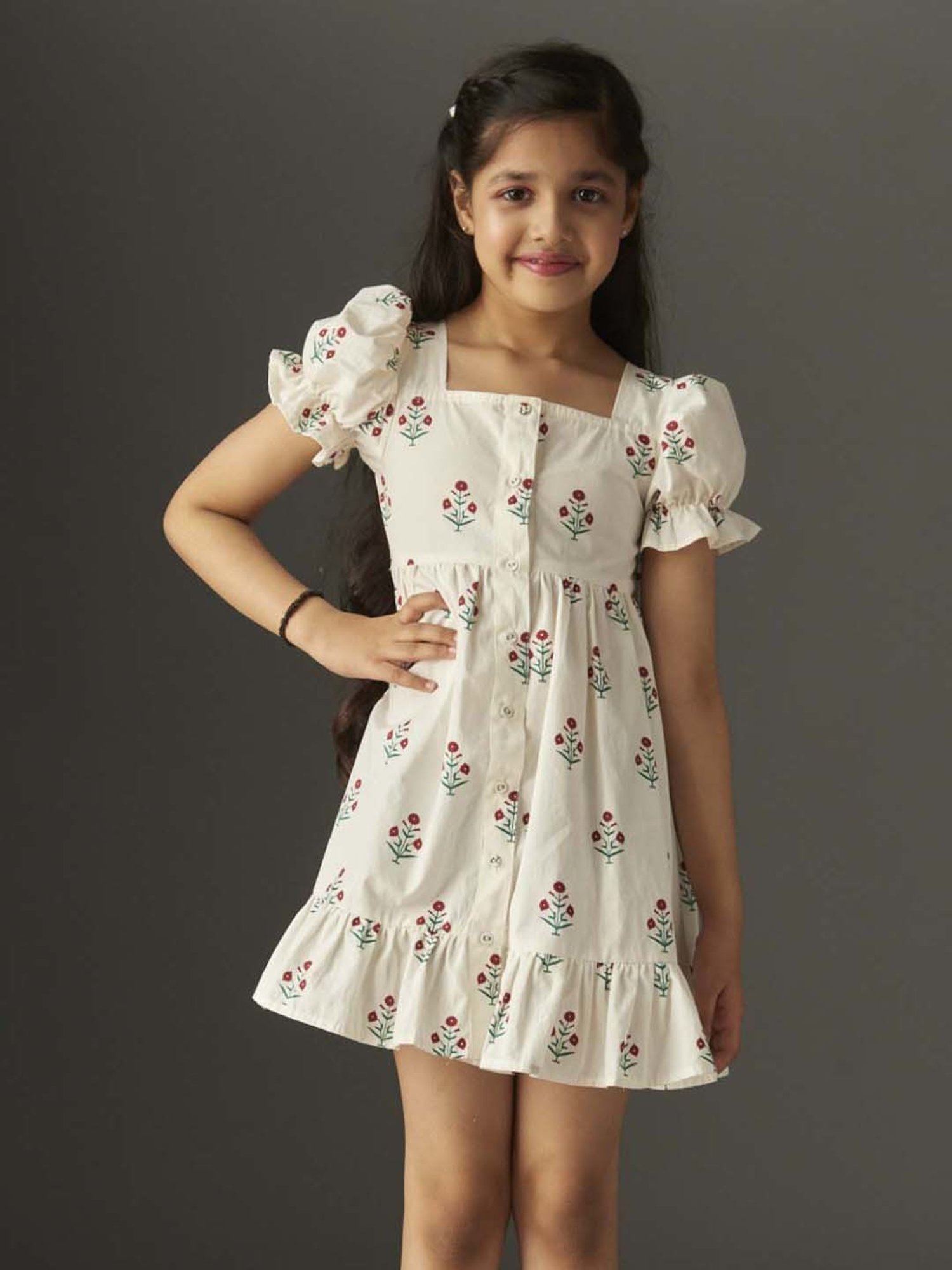 KidsDew Kids White Cotton Floral Print Dress