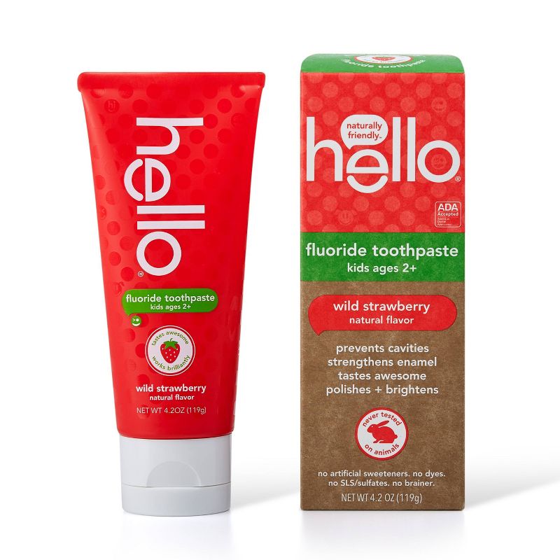 hello Kids ADA Approved Anti-cavity Fluoride Toothpaste SLS Free + Vegan Natural Wild Strawberry - 4.2oz/4pk