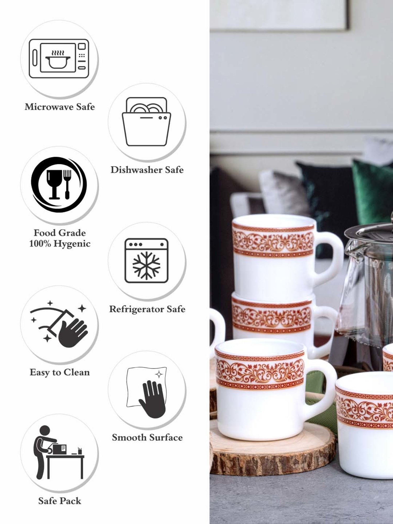 Cello White & Pink Opalware Coffee Mugs (0.1 L) - Set of 12