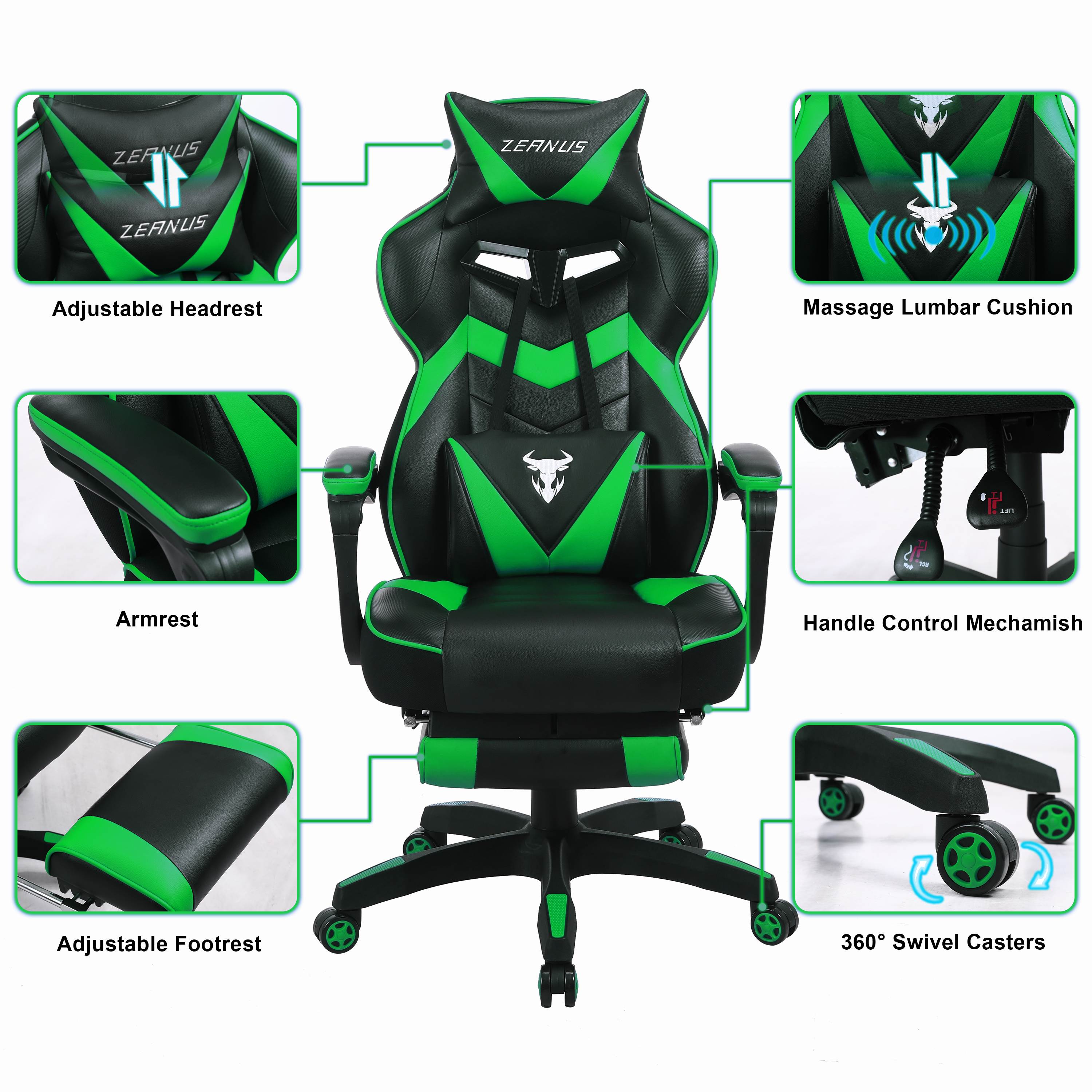 Zeanus Gaming Chair for Adults Green, Gaming Chair with Footrest, Massage Computer Gaming Chair, Reclining Gaming Desk Chair, Big and Tall Video Gaming Chair, Racing Style Chair, E-Sports Gamer Chair