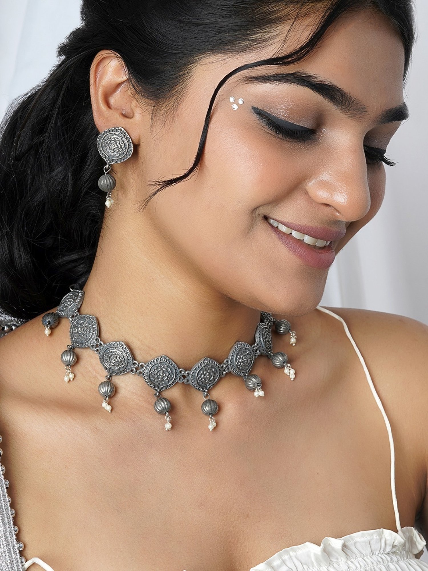 Teejh Ethnic Sajani Silver Oxidized Necklace Set for Women
