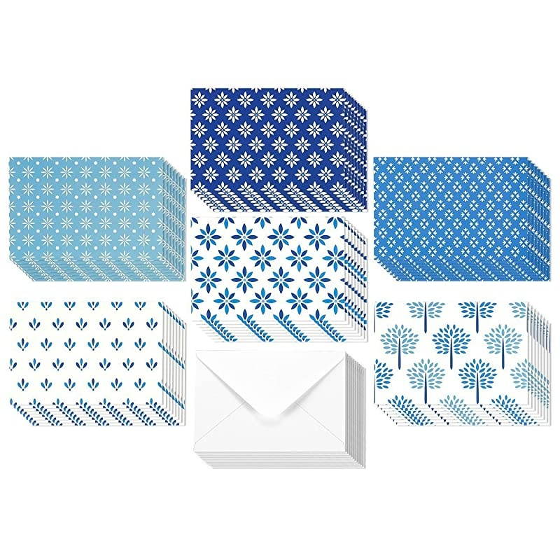 Pack Blank Greeting Note Card Bulk, Shades of Blue Floral Foliage, Envelopes Included, 4x6