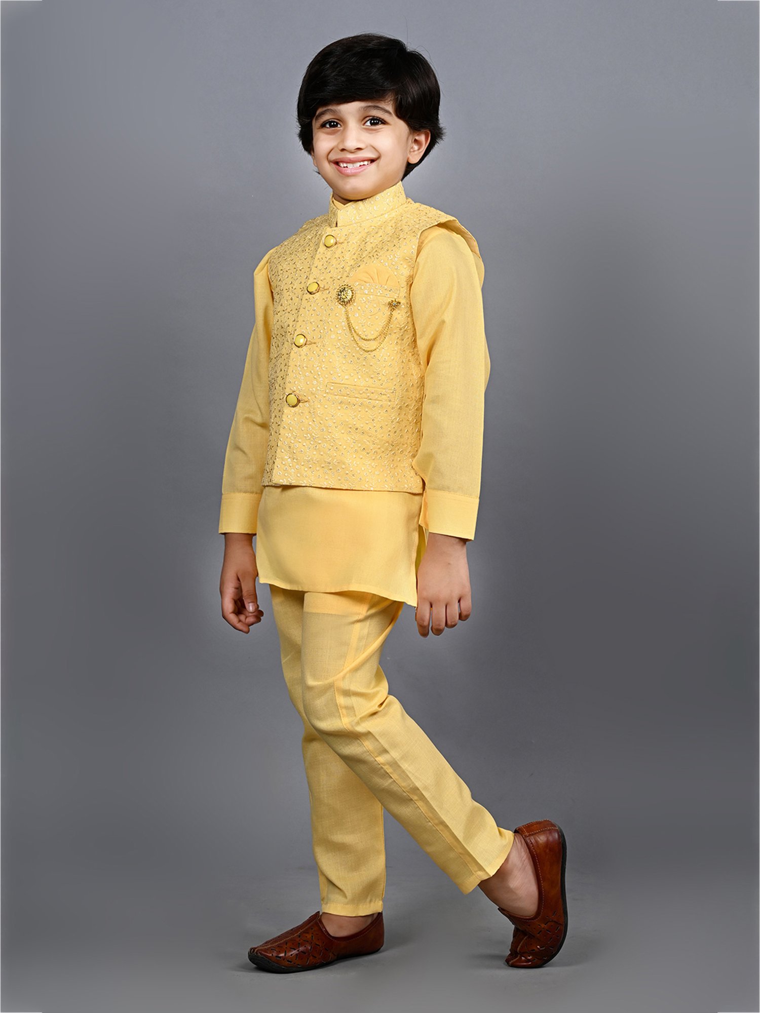 Ahhaaaa Kids Yellow Embellished Full Sleeves Sherwani, Jacket & Pyjamas