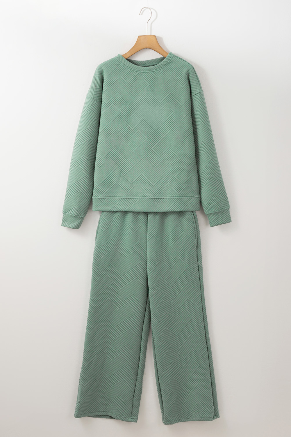 Green Solid Color Quilted Long Sleeve Top and Wide Leg Pants Set